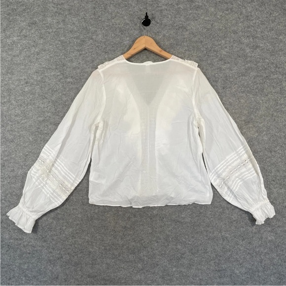 H&M Blouse Size UK 6 Womens White Embroidered Long Sleeve V Neck Ruffle Pullover - Picture 9 of 10